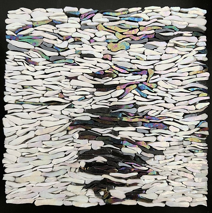 Black and White Sea I, rows of white glass waves over dark shapes