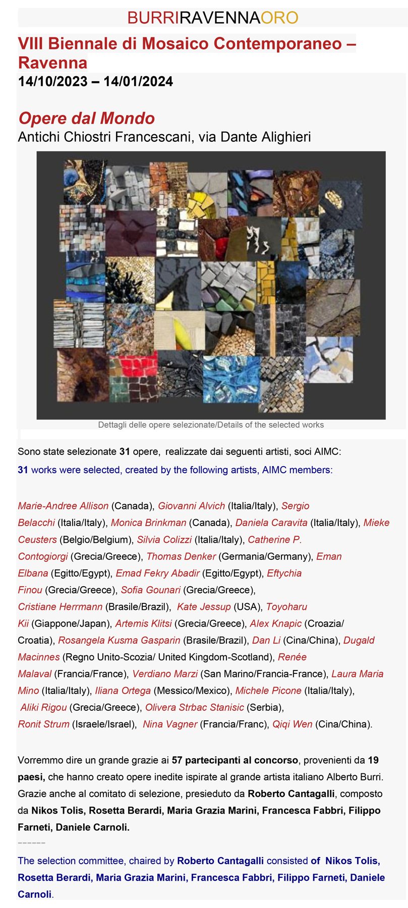 Page of the VIII Biennale of Contemporary Mosaic catalogue, Ravenna 2023, listing the 31 selected works