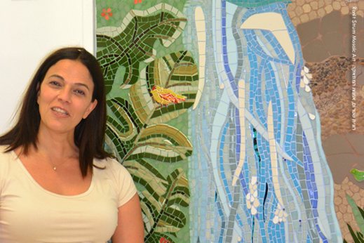 Ronit Strum beside her large Waterfall mosaic