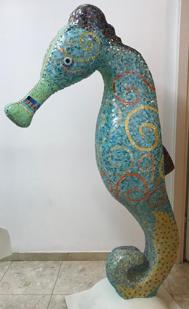 Seahorse sculpture covered in glass mosaic, made for Assaf Harofeh (Shamir) Medical Center